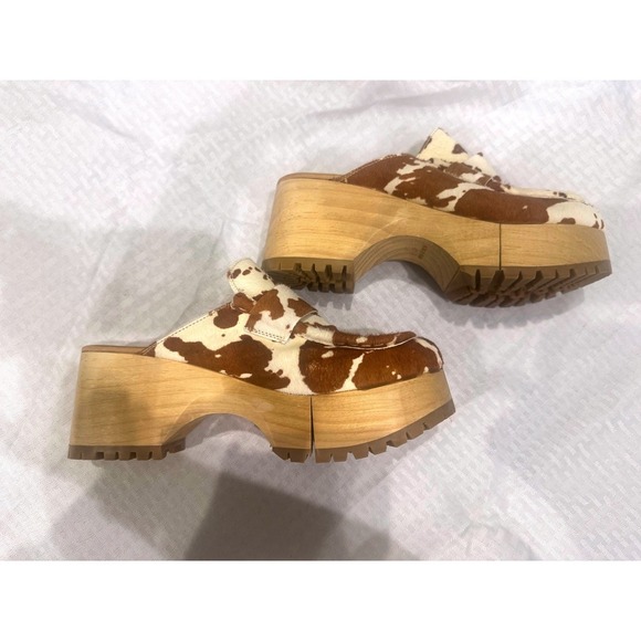 Free People Cow Print Calf Hair Platform Clogs Women 40 Brown White Lug Sole - Picture 6 of 12